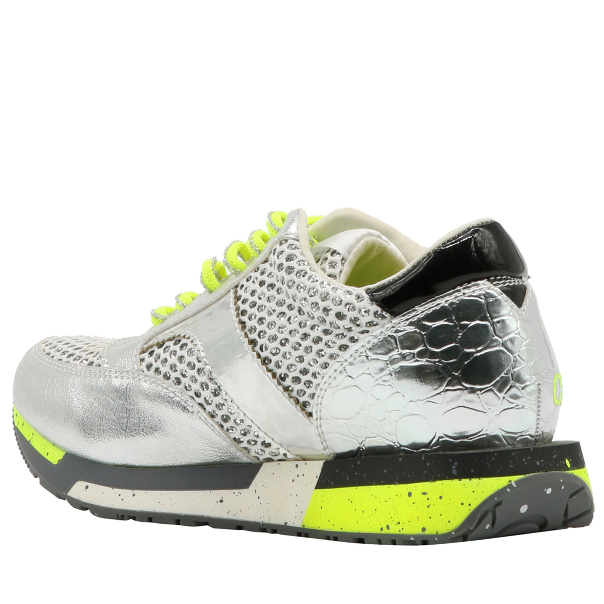 Sneakers fluo in similpelle laminata e rete glitter